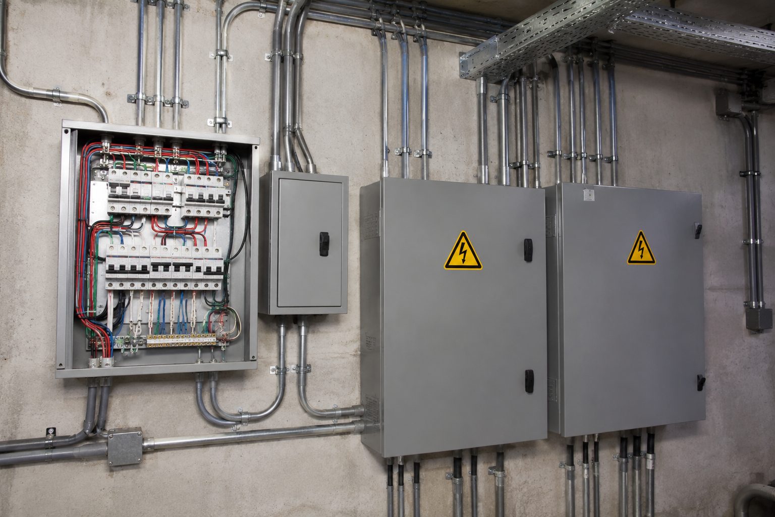 Tablero eléctrico industrial montado en muro con protecciones y señalética de riesgo eléctrico