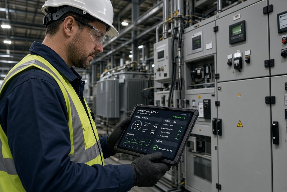 Técnico con tablet de diagnóstico frente a un tablero de distribución en una planta industrial