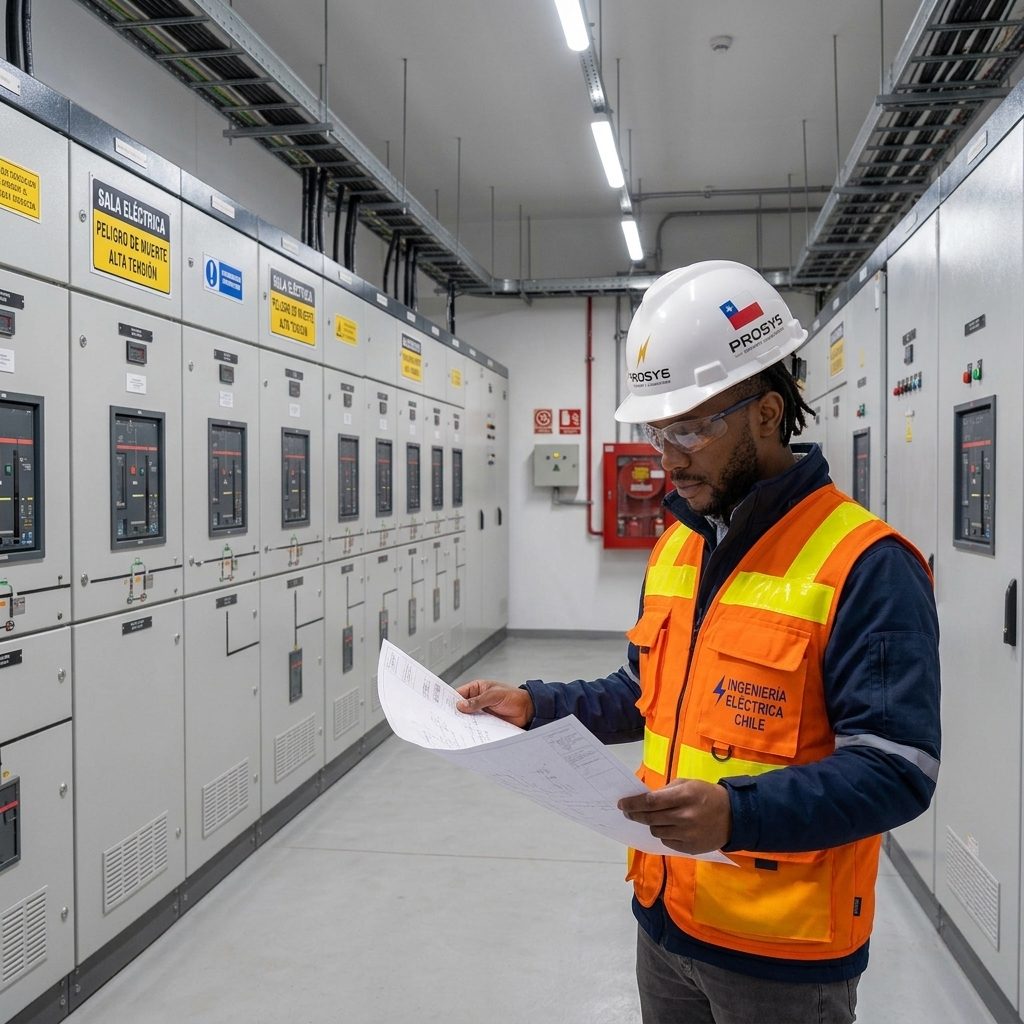 Ingeniero de Prosys revisando planos dentro de una sala eléctrica con tableros de distribución