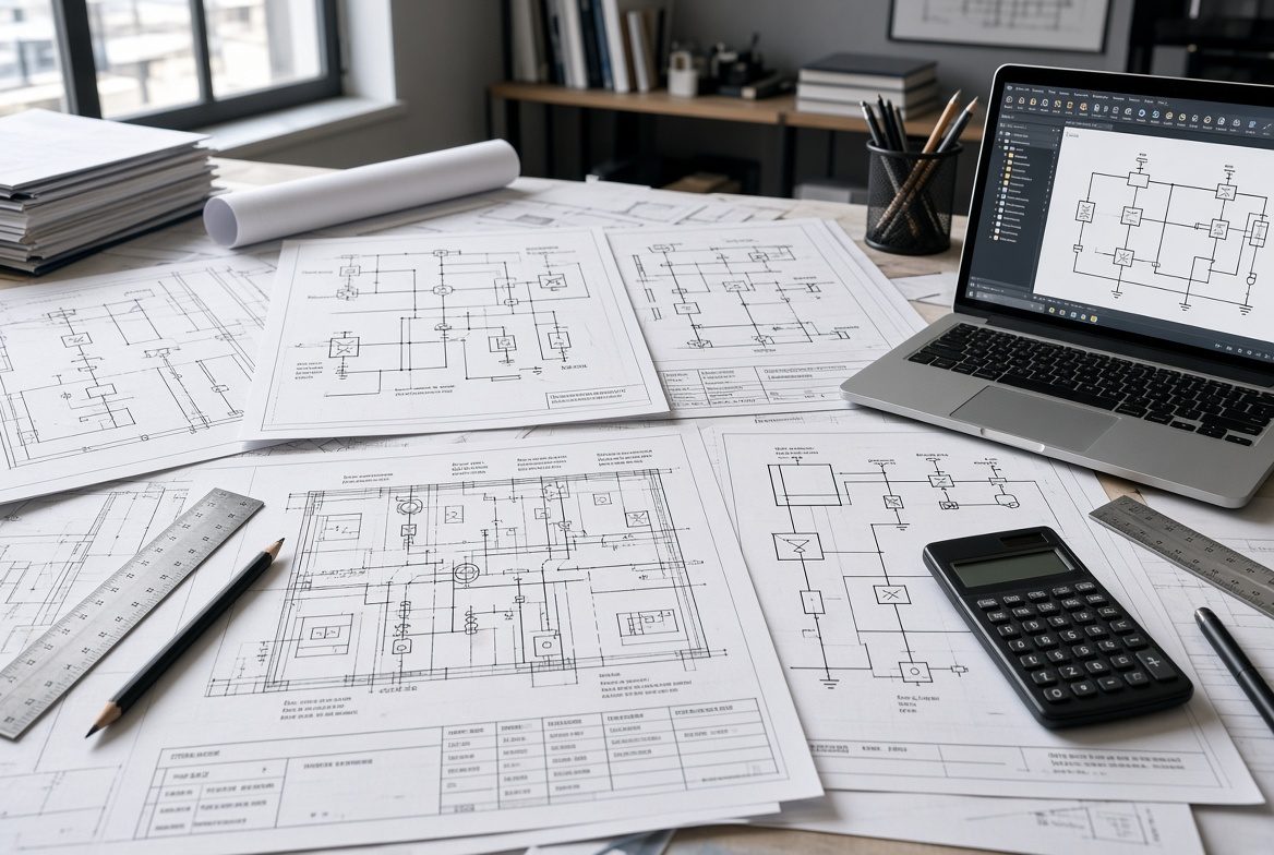 Planos de diagramas unifilares sobre un escritorio junto a un notebook con software de diseño eléctrico