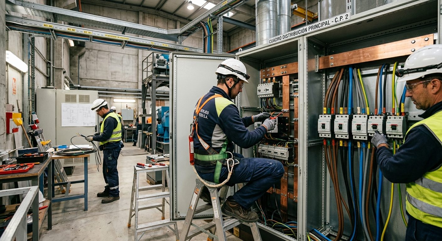 Técnicos con casco y arnés trabajando en un tablero de distribución eléctrica industrial