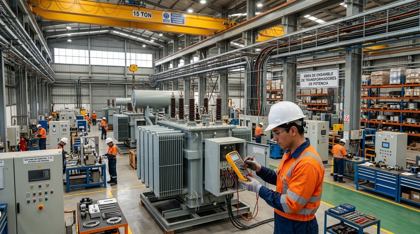 Técnico con guantes probando un transformador de potencia en una planta de ensamblaje industrial